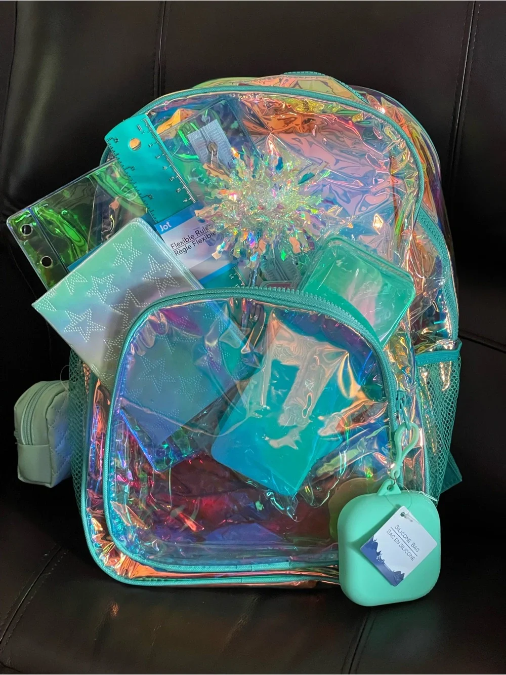 Holographic Teal Clear Backpack with Starry Wristlet